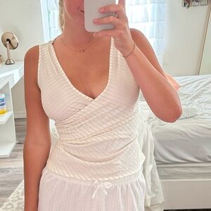 Beige white stripe linen blouse top